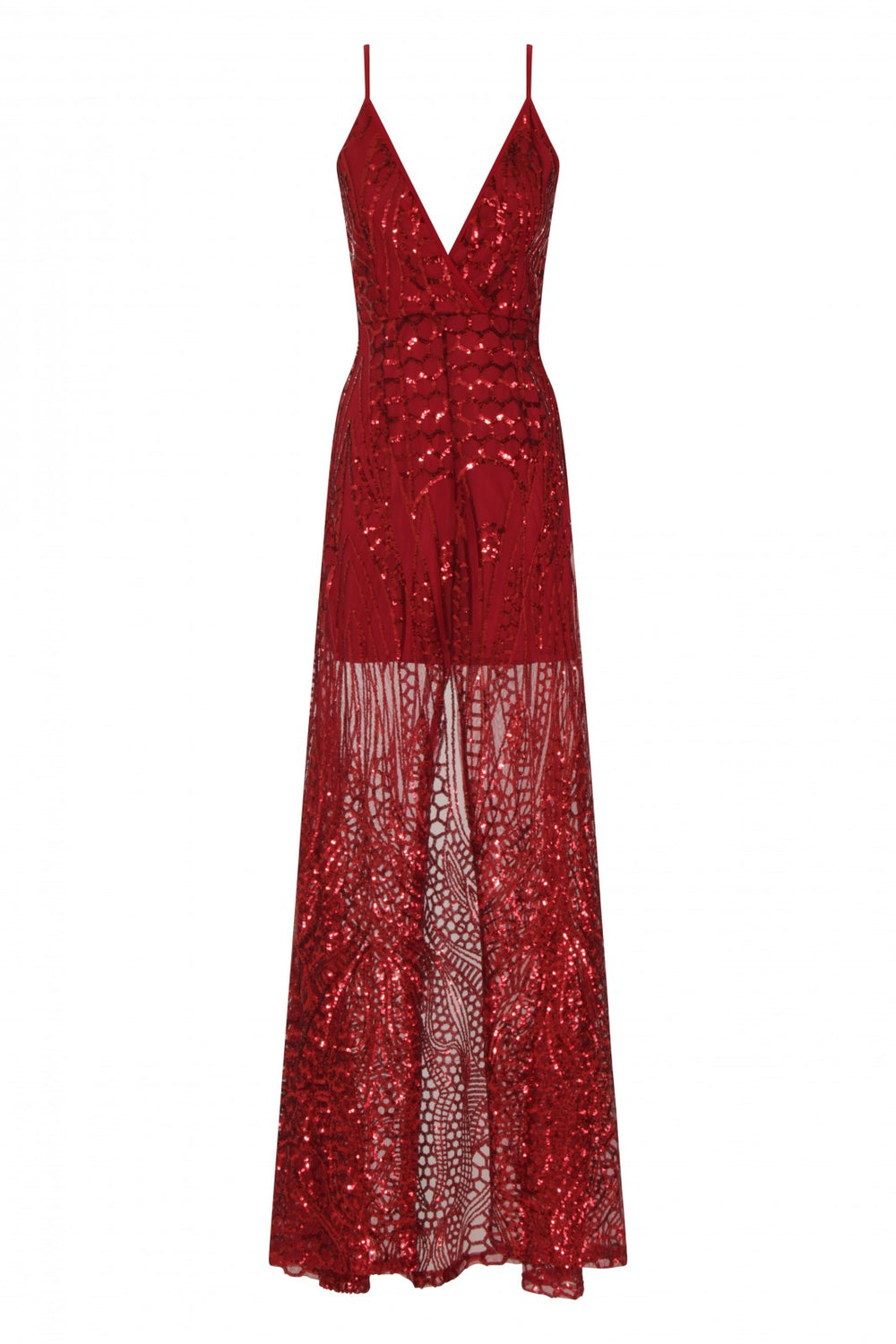 Daphne Burgundy Sheer Luxe Sequin Slit Maxi Dress