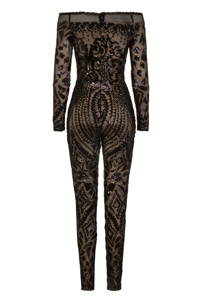 Fatale Black Luxe Illusion Sequin Bardot Mesh Embellished Jumpsuit