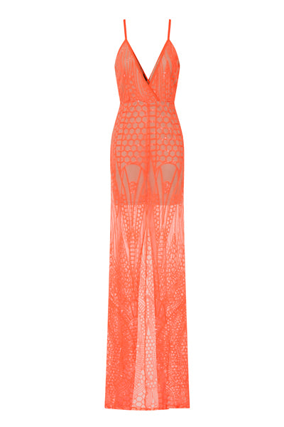 Daphne Coral Sheer Luxe Sequin Slit Maxi Dress