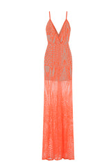 Daphne Coral Sheer Luxe Sequin Slit Maxi Dress