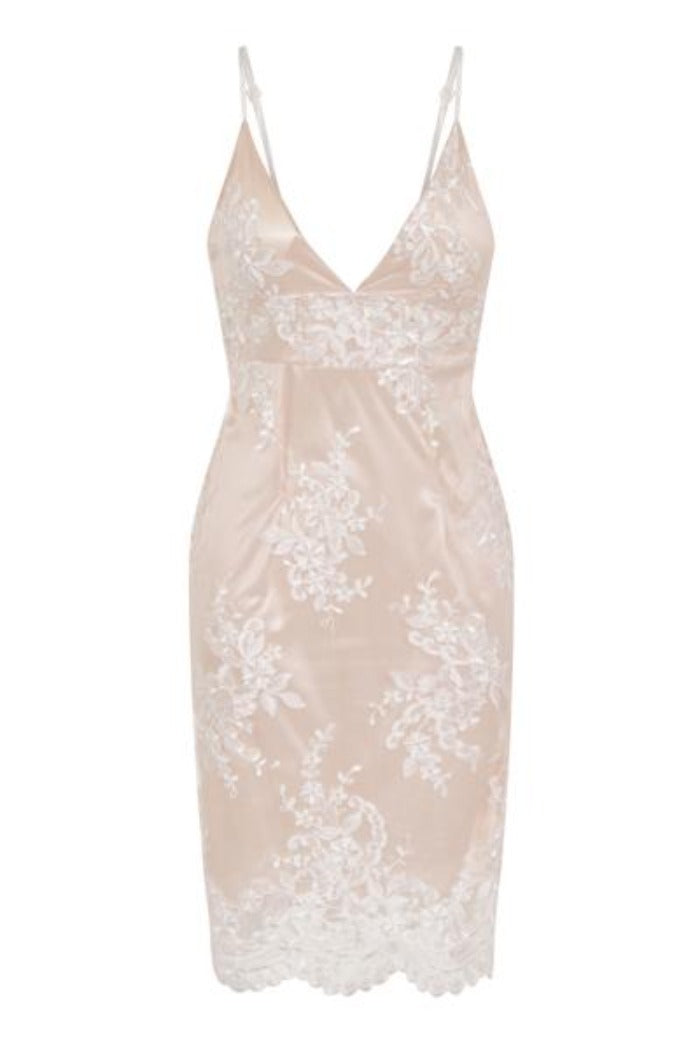 Karla Nude Plunge Scalloped Lace Embroidery Midi Dress