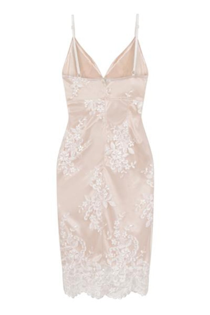 Karla Nude Plunge Scalloped Lace Embroidery Midi Dress