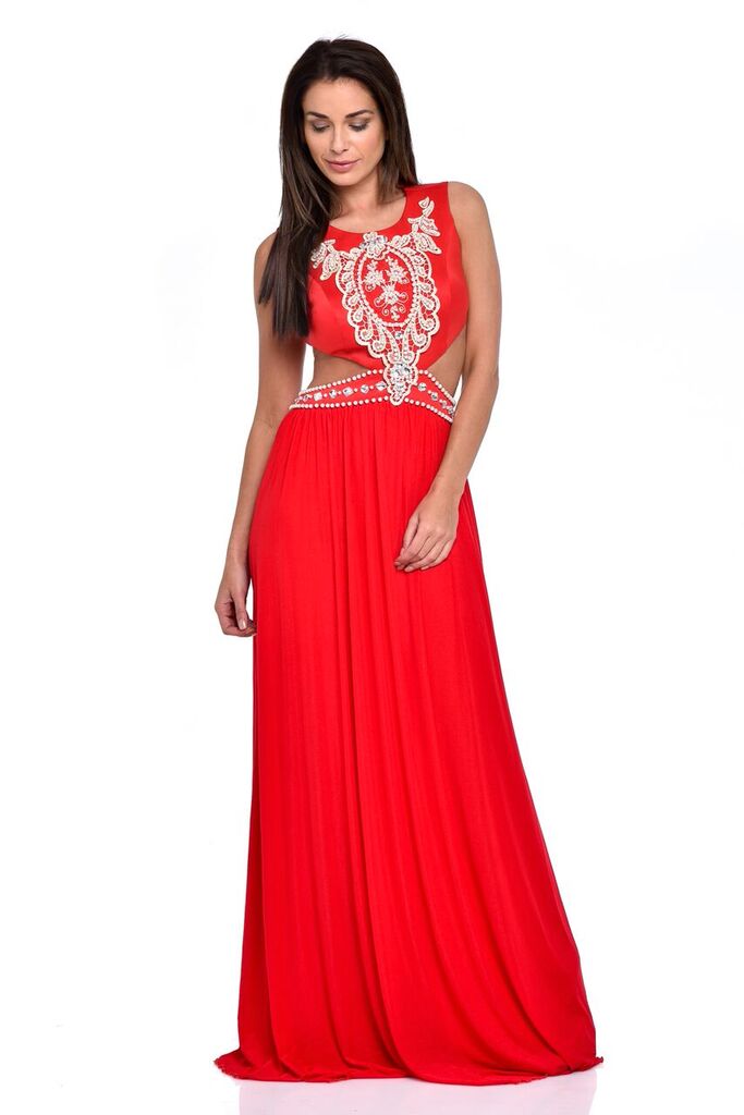 Laila Red Cut-Out Waist Pearl Encrusted Grecian Goddess Maxi Dress