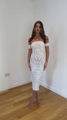 Kristal White Off Shoulder Luxe Sequin Embellished Midaxi Dress
