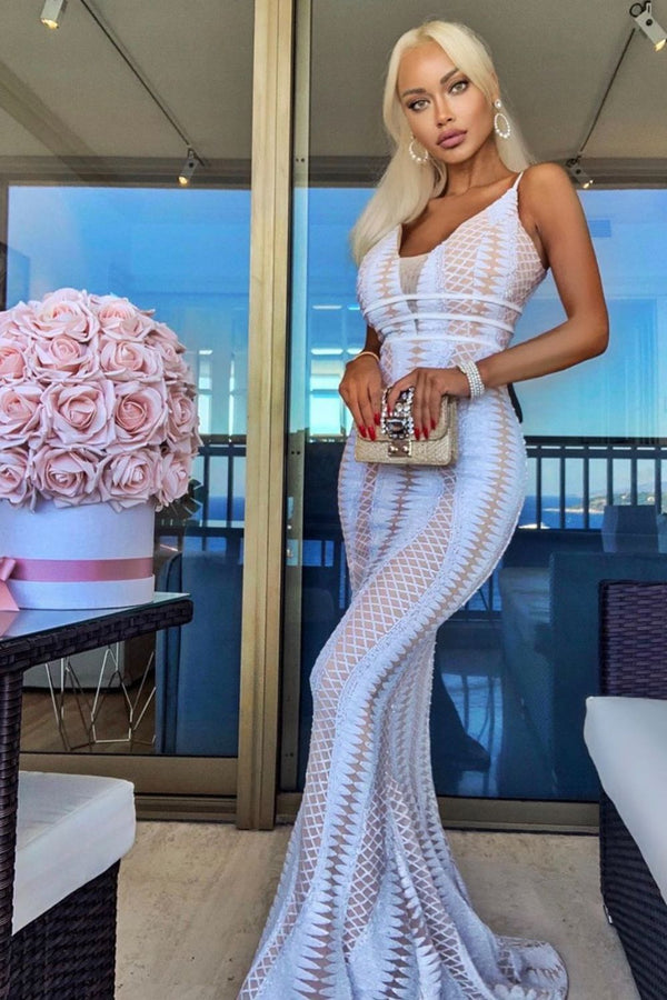 Virgo White Nude Plunge Cage Sequin Bandage Illusion Maxi Dress