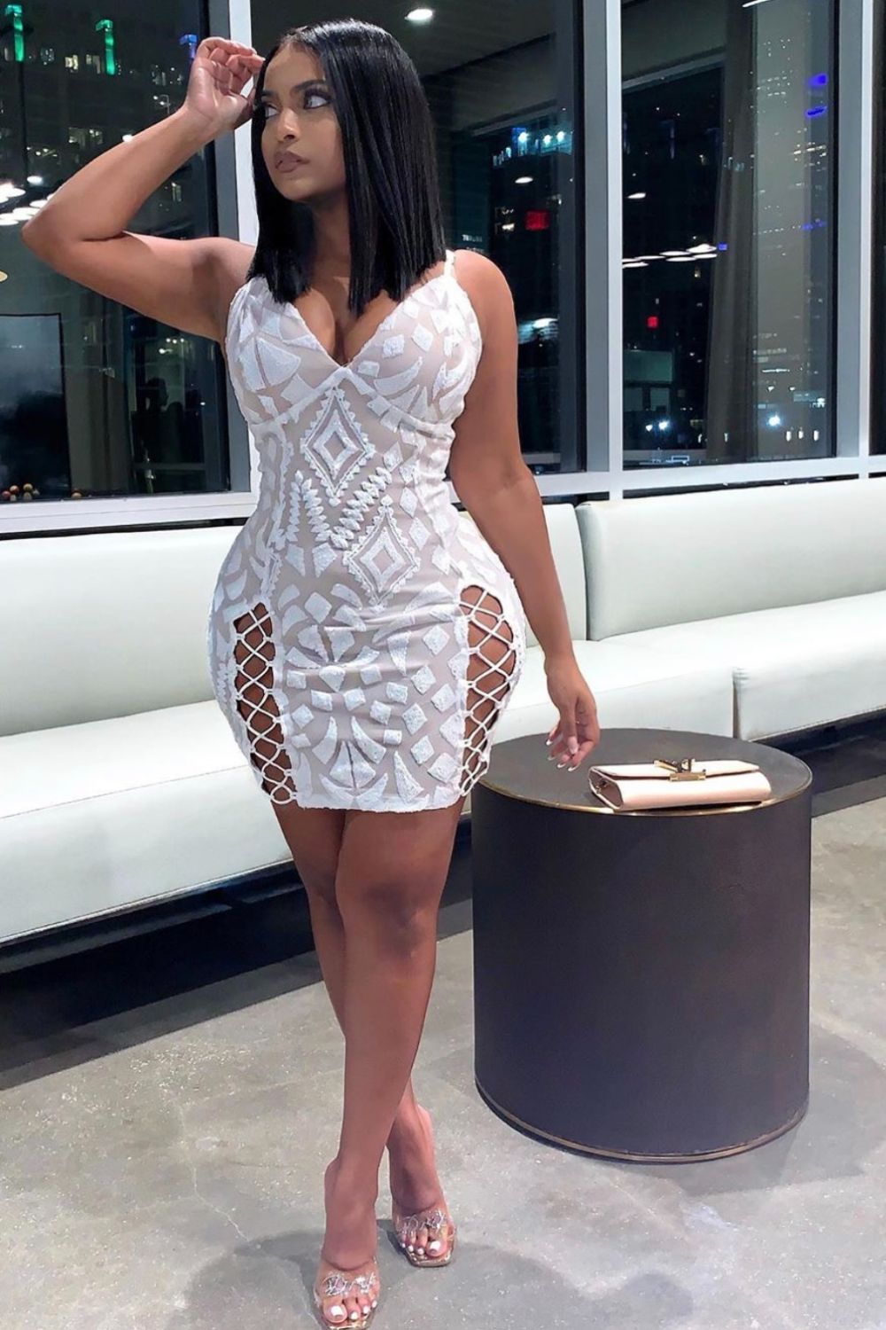 Eye Candy White Nude Plunge Sequin Lace Up Thigh Mini Dress