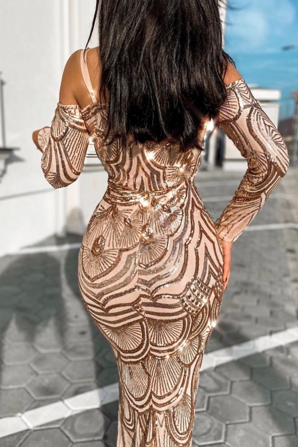 Vienna Rose Gold Luxe Tribal Vip Illusion Sequin Mermaid Maxi Dress