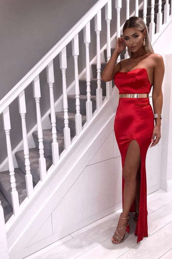 Versace Cherry Red Gold Belted Slinky Satin Thigh Slit Maxi Dress