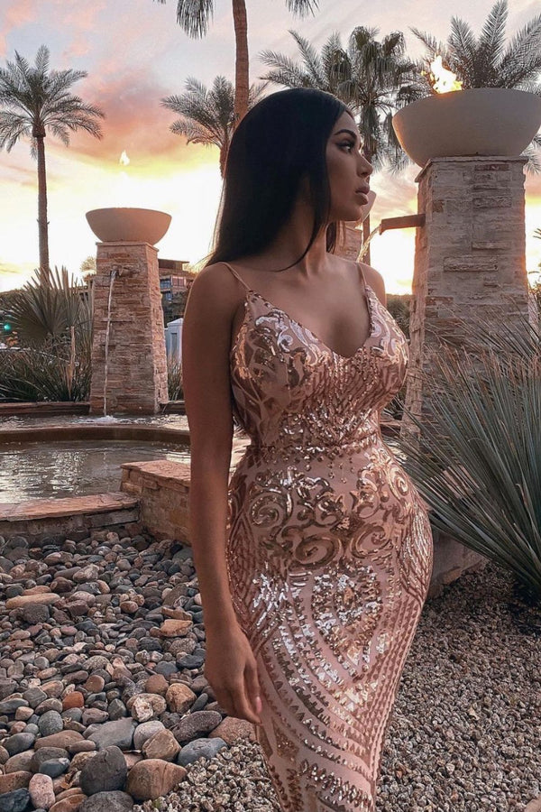 High Shine Luxe Rose Gold Sequin Backless Midi Dress