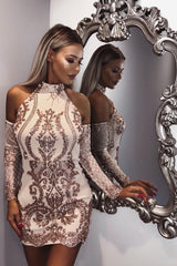 Icon Rose Gold Luxe Tribal Sequin Illusion Cold Shoulder Dress