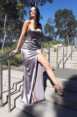 Versace Taupe Silver Belted Slinky Satin Thigh Slit Maxi Dress