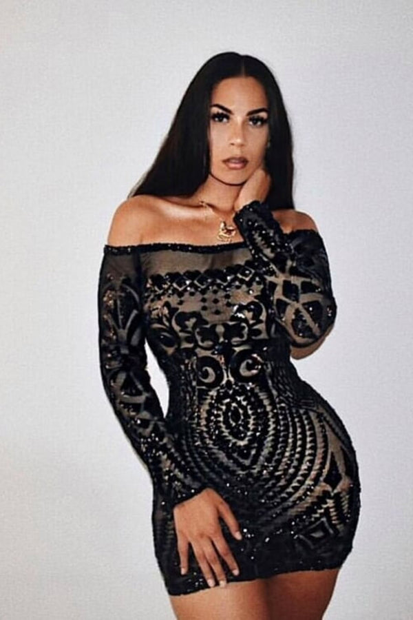 Iliana Black Luxe Sequin Embellished Off The Shoulder Dress