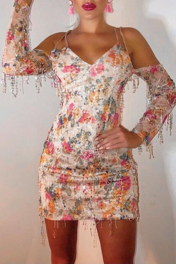 Pretty Please Floral Tassel Fringe Sequin Cold Shoulder Dress