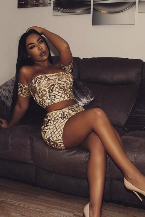 Baddie Vip Nude Gold Sequin & Embroidery Two Piece Skirt Top Co Ord Set