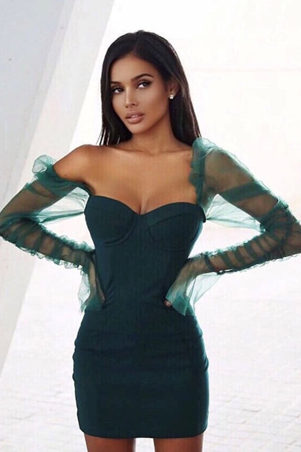 Milani Green Sheer Mesh Net Long Sleeve Bustier Bodycon Mini Dress