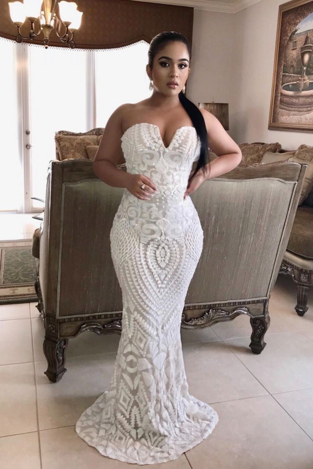 embellished fishtail maxi dress in white Lucienne Embellished Cut-Out Fishtail Maxi Dress in White