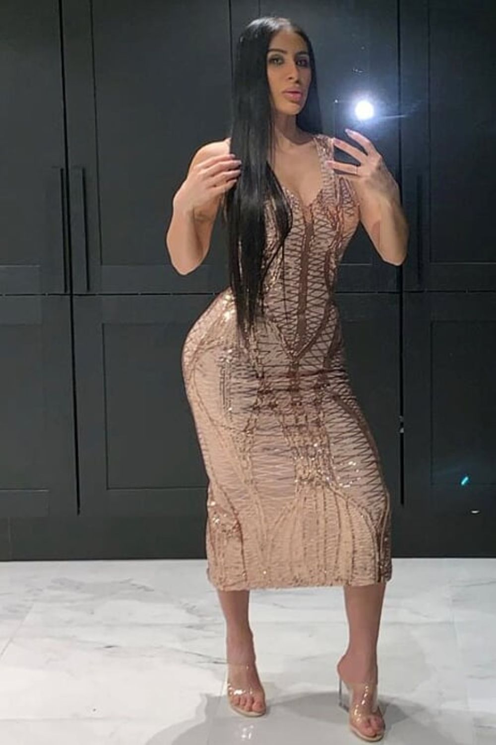 Iconic Luxe Rose Gold Cage Sequin Bandage Illusion Midi Pencil Dress