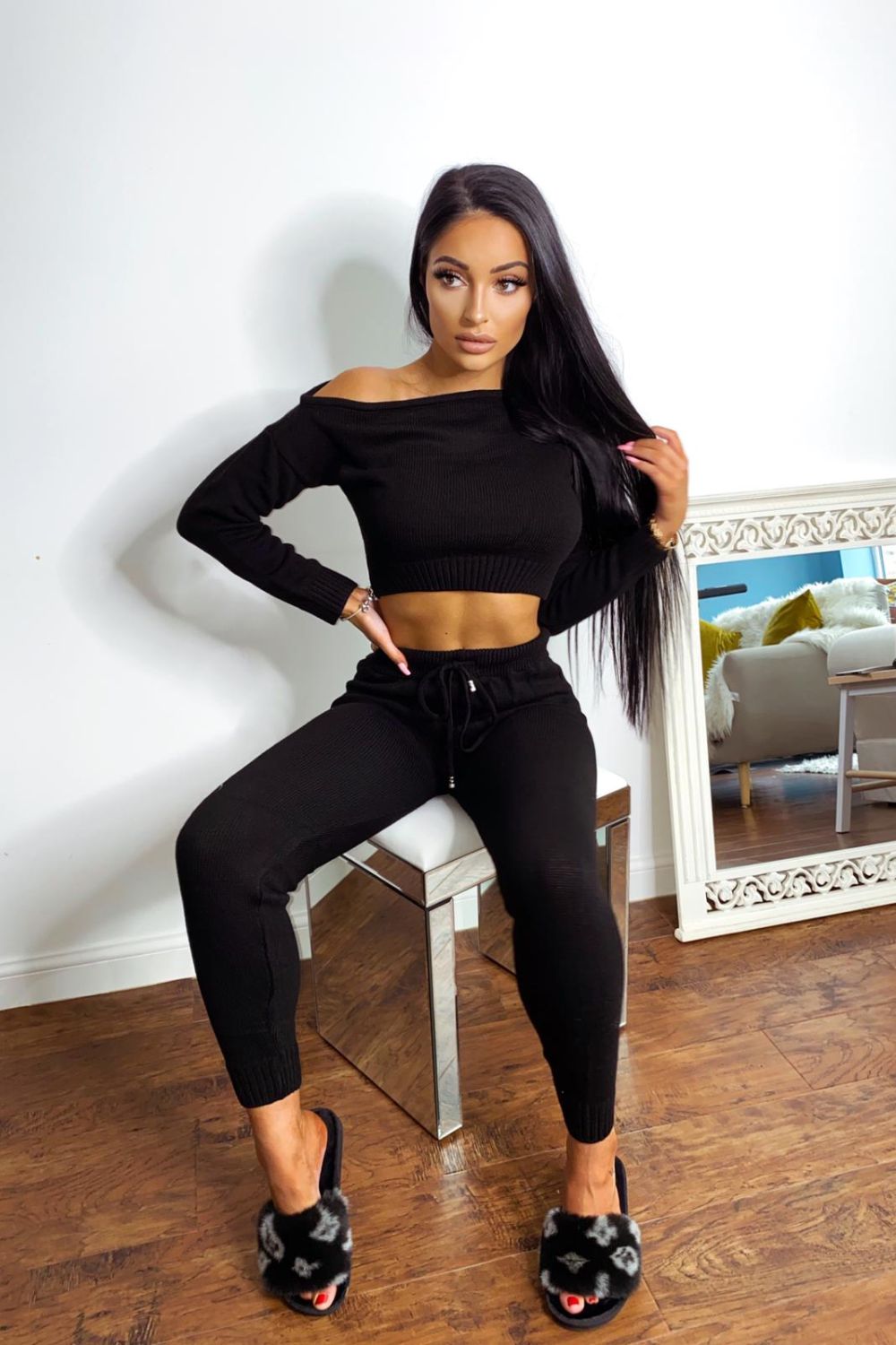 Trixie Black Woven Knitted Off The Shoulder Co-ord Lounge Set