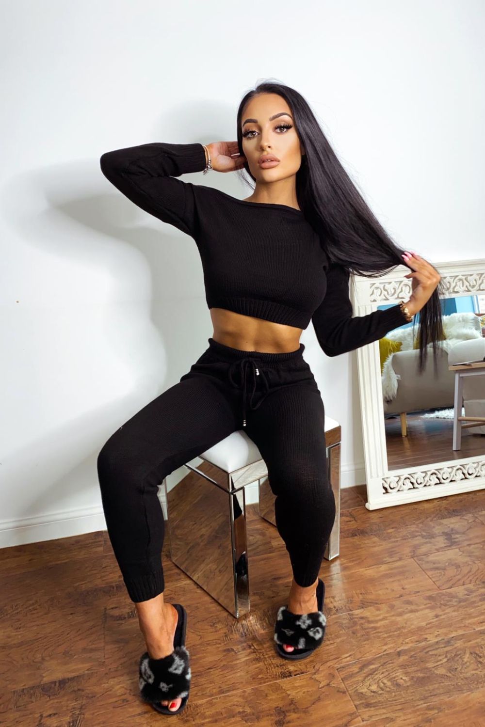 Trixie Black Woven Knitted Off The Shoulder Co-ord Lounge Set