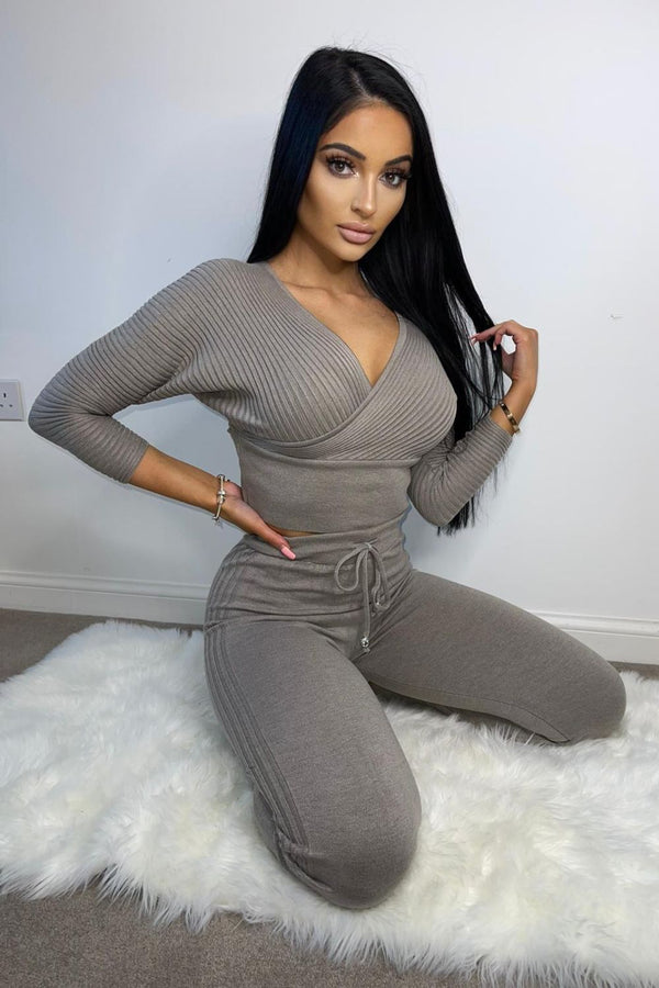 Jordyn Stone Plunge Ribbed Cropped Co-ord Lounge Set