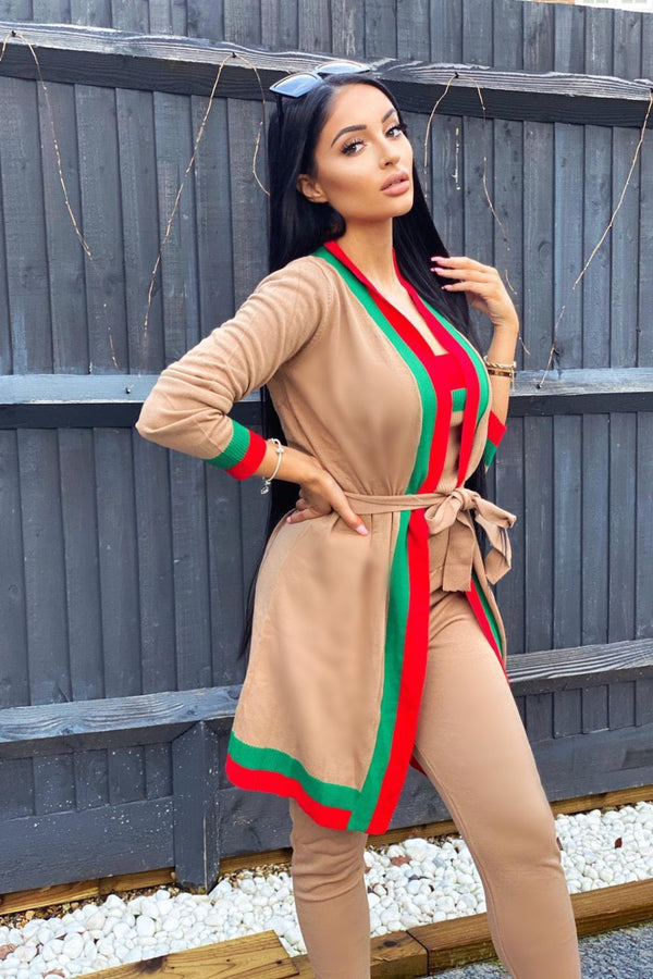 Zara Camel Tan Red and Green Striped Fine Knit 3 Piece Lounge Co-ord Set
