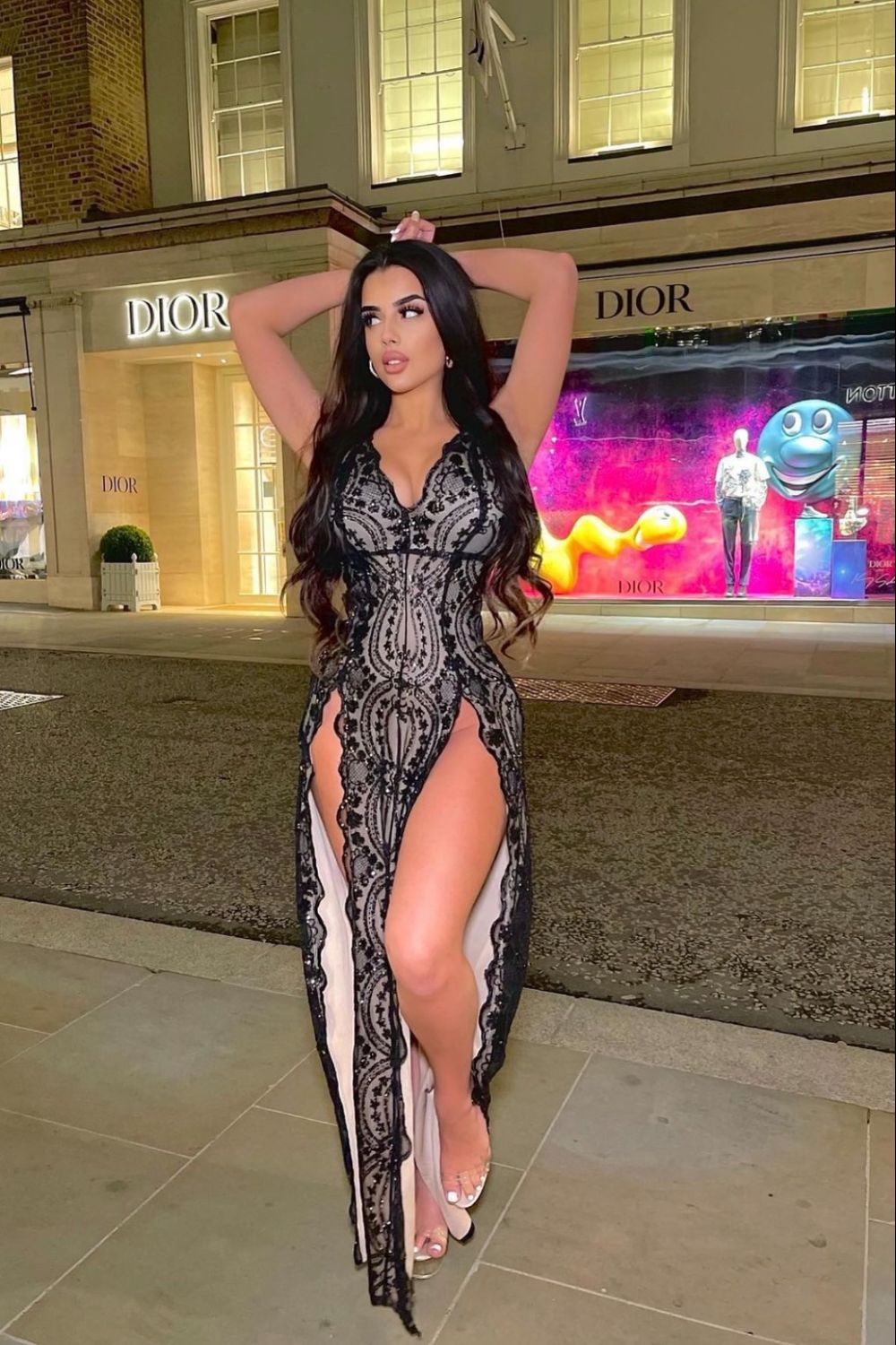 Pure Desire Black Plunge Floral Sequin Double Thigh Slit Maxi Dress