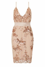 Lydia Rose Gold Plunge Floral Sequin Scalloped Midi Dress
