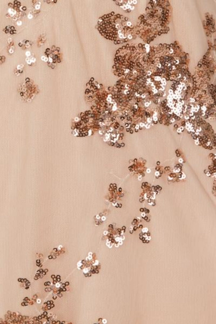 Lydia Rose Gold Plunge Floral Sequin Scalloped Midi Dress