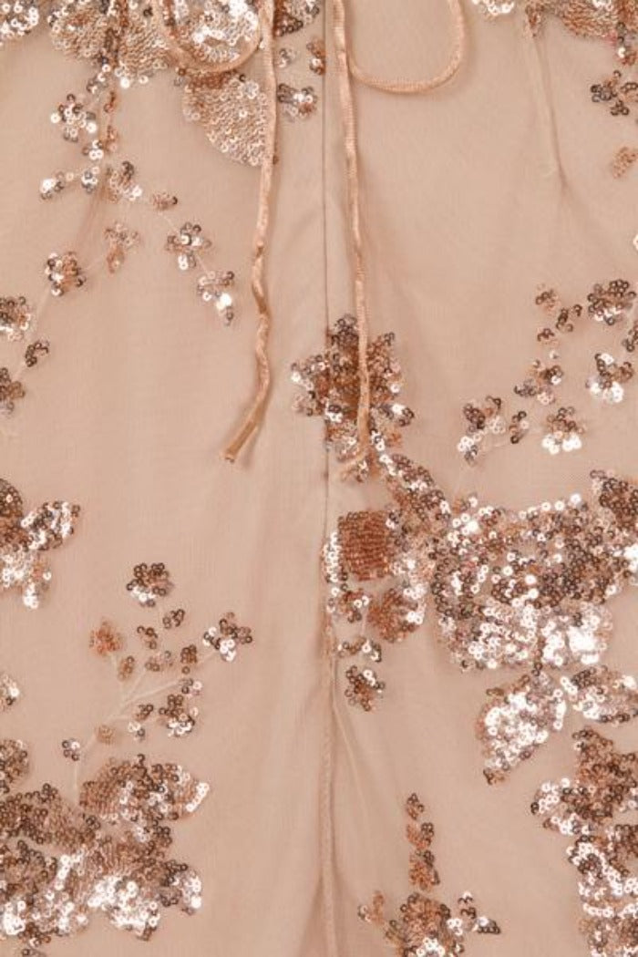Selena Rose Gold Keyhole Bust Floral Sequin Scalloped Midi Dress