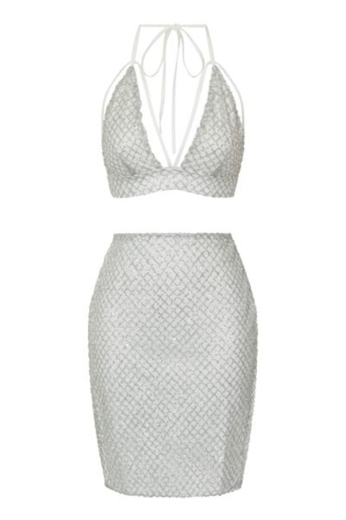 Monica White Silver Glitter Cut Out Two Piece Skirt Bralet Co Ord Set