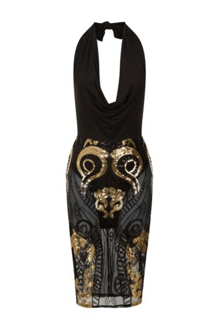 Nikita Black Gold Victorian Sheer Sequin Cowl Neck Bodysuit Dress