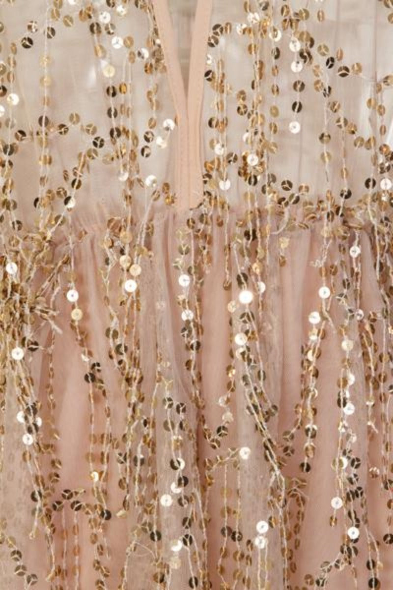Lily Nude Sheer Plunge Gold Sequin Tassel Fringe Playsuit Romper