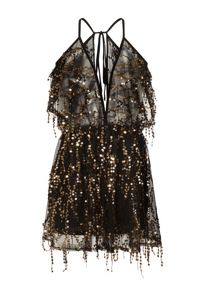 Lily Black Sheer Plunge Gold Sequin Tassel Fringe Playsuit Romper