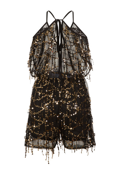 Lily Black Sheer Plunge Gold Sequin Tassel Fringe Playsuit Romper