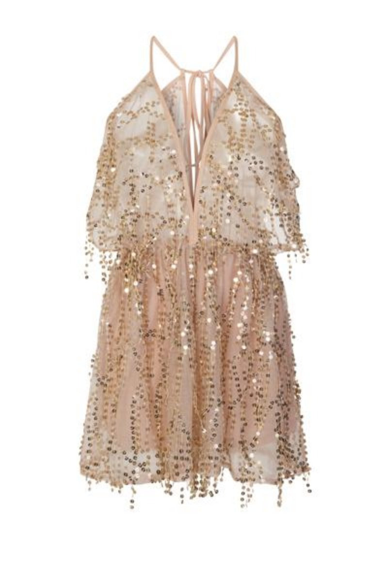 Lily Nude Sheer Plunge Gold Sequin Tassel Fringe Playsuit Romper