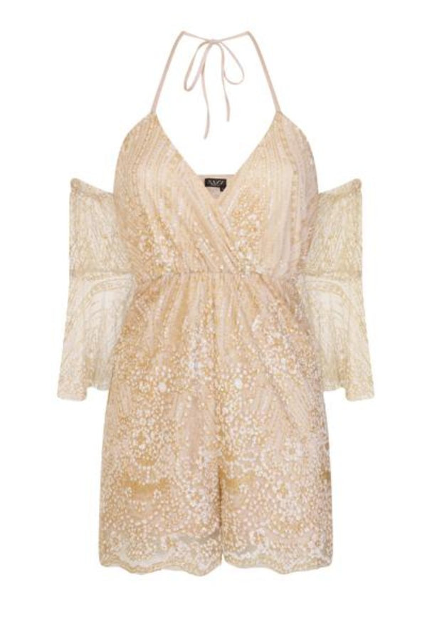 Xenia Nude Cold Shoulder Plunge Gold Glitter Playsuit Romper