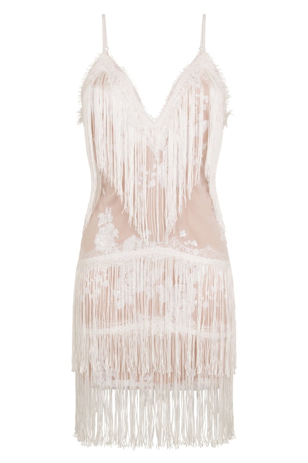 Milan White Nude Plunge Floral Sequin Fringe Dress
