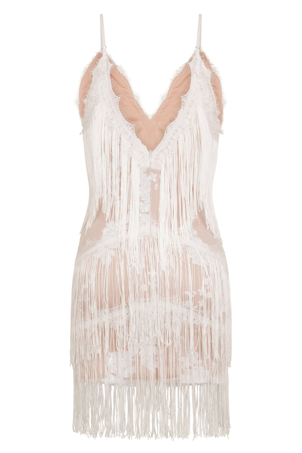 Milan White Nude Plunge Floral Sequin Fringe Dress