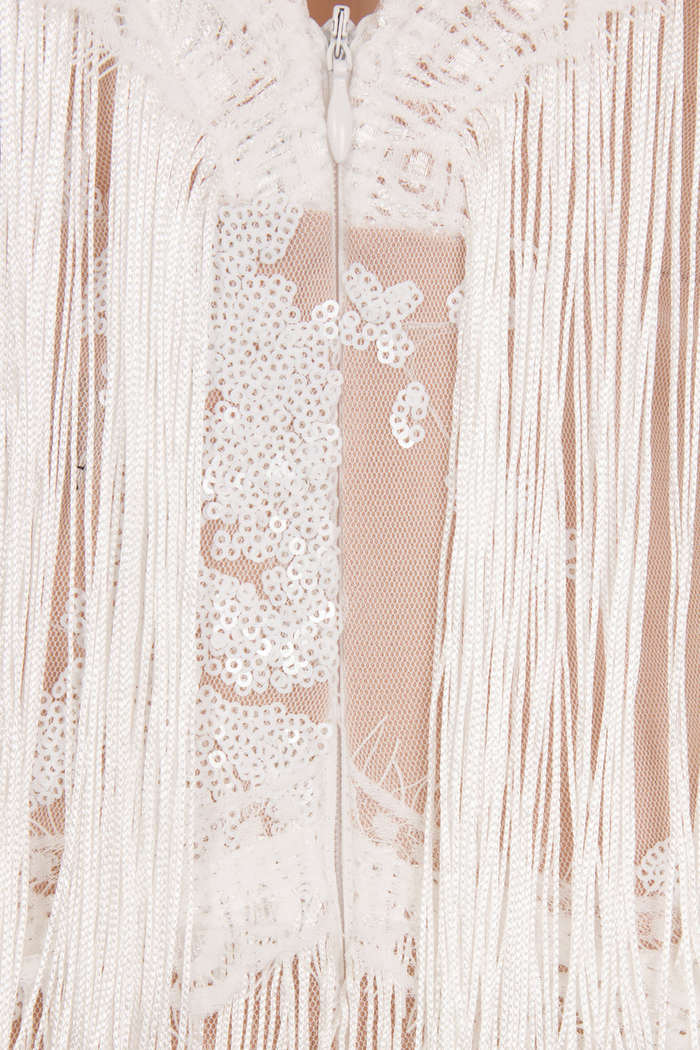 Milan White Nude Plunge Floral Sequin Fringe Dress