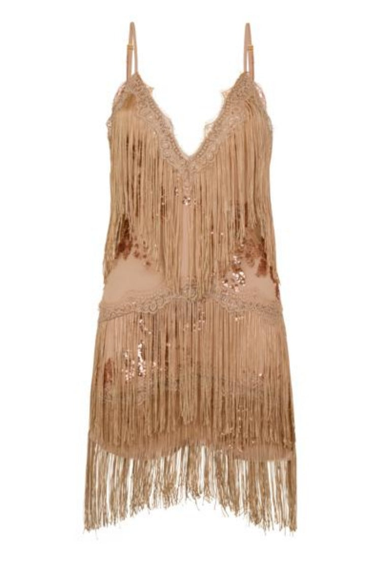 Milan Rose Gold Nude Plunge Floral Sequin Fringe Dress