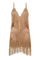 Milan Rose Gold Nude Plunge Floral Sequin Fringe Dress