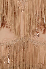 Milan Rose Gold Nude Plunge Floral Sequin Fringe Dress