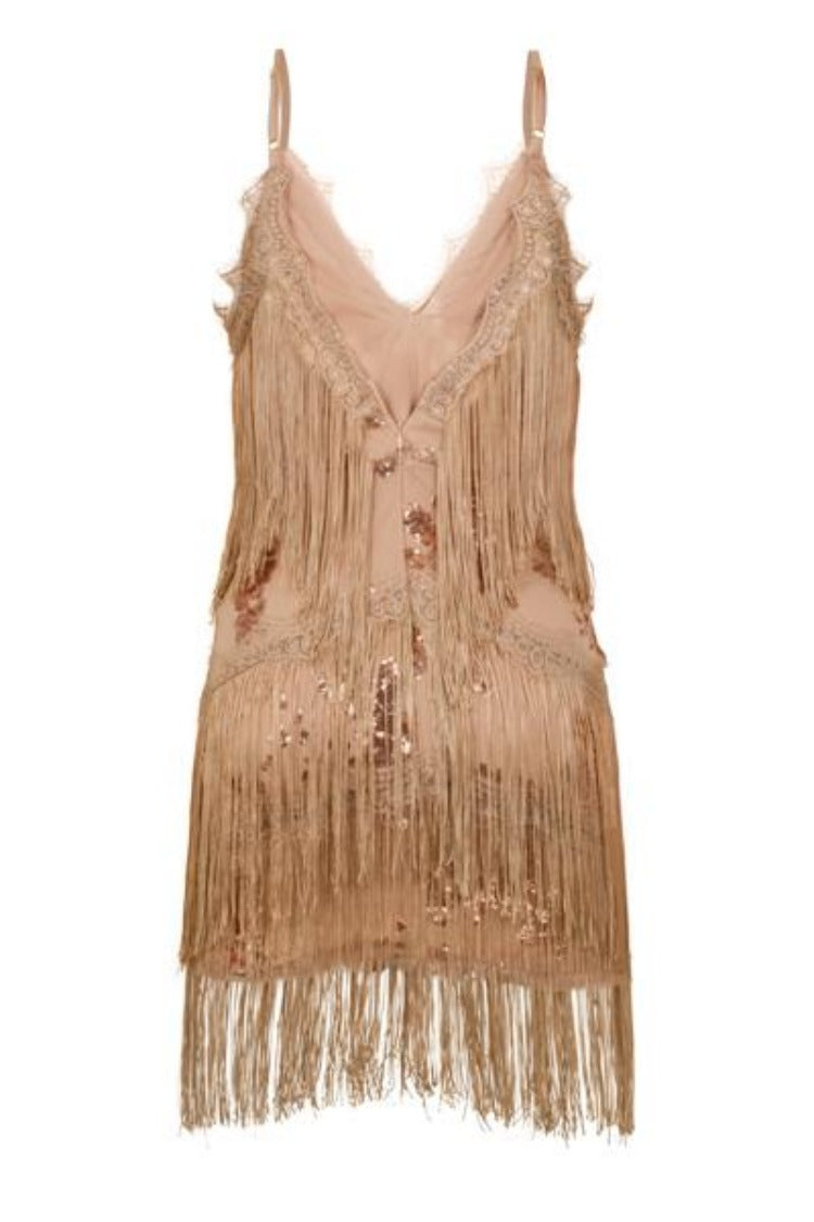 Milan Rose Gold Nude Plunge Floral Sequin Fringe Dress