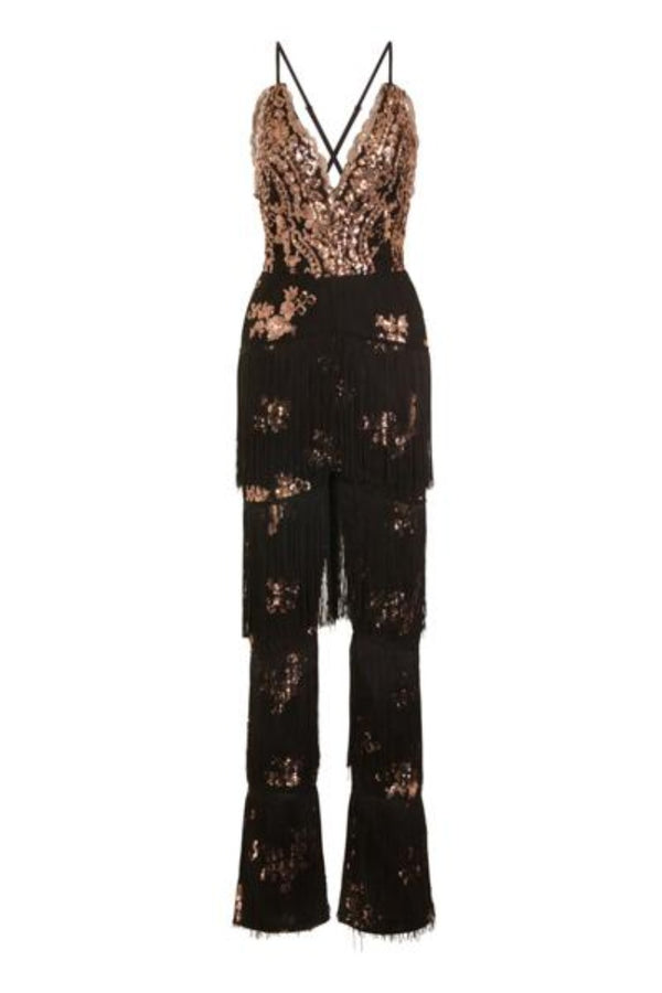 Peru Black Rose Gold Plunge Floral Sequin Fringe Jumpsuit