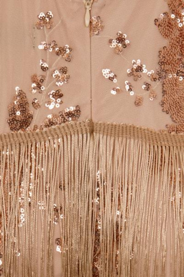 Milan Rose Gold Nude Plunge Floral Sequin Fringe Dress