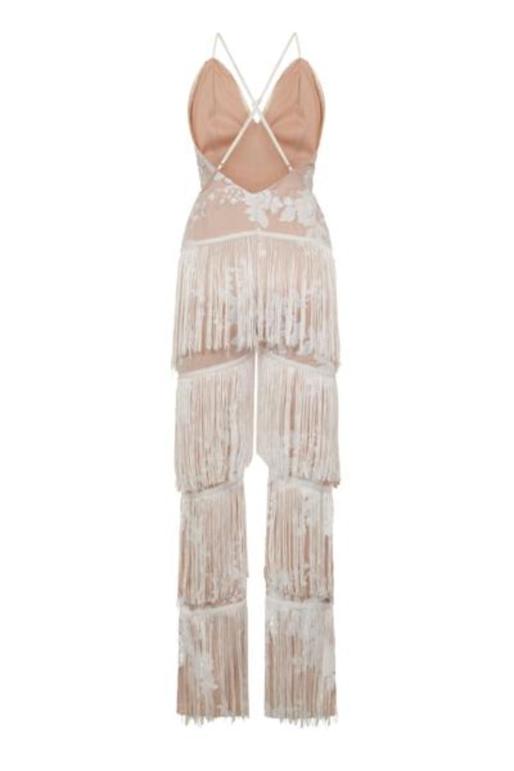 Peru White Nude Plunge Floral Sequin Fringe Jumpsuit Nazz Collection