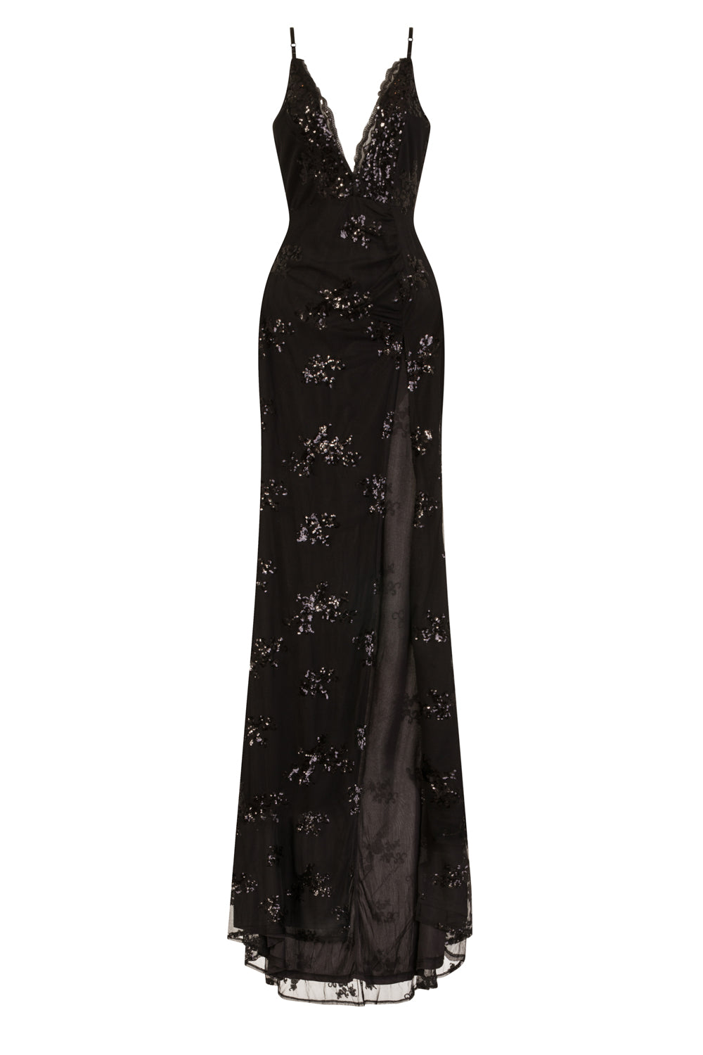 Montana Black Plunge Floral Sequin Thigh Slit Mermaid Maxi Dress