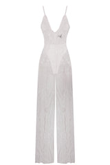 Game Changer White Sheer Floral Sequin Palazzo Split Jumpsuit