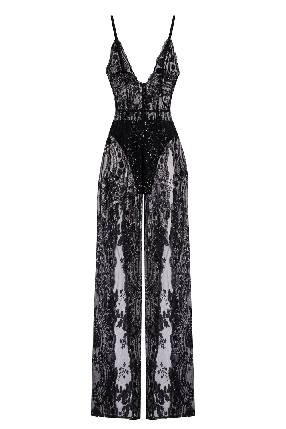 Game Changer Black Sheer Floral Sequin Palazzo Split Jumpsuit