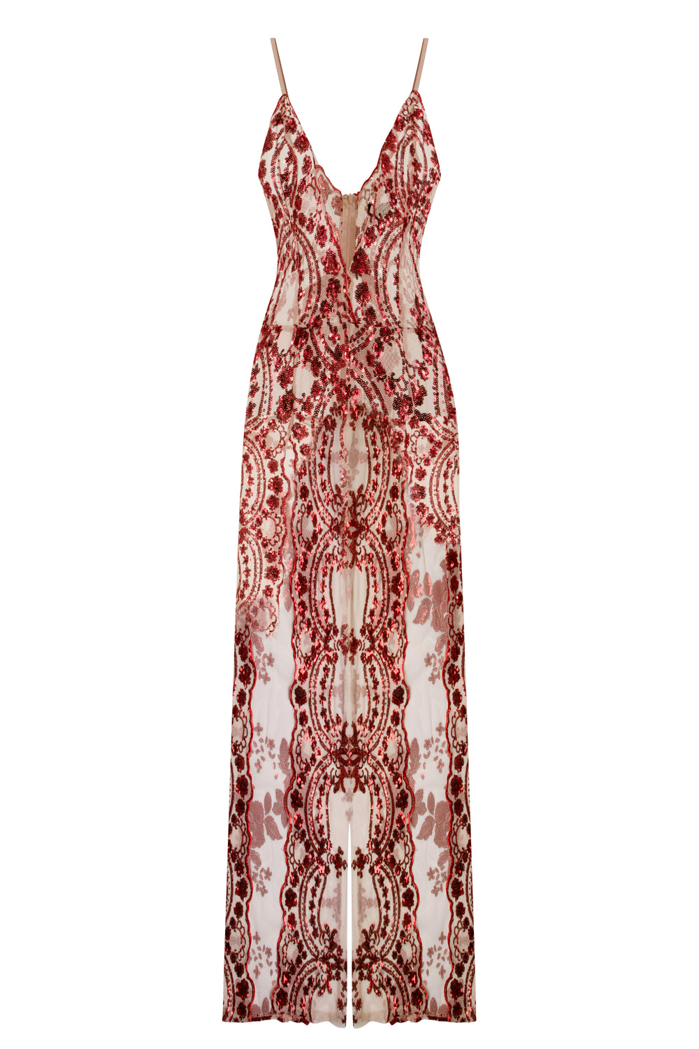Game Changer Red Nude Sheer Floral Sequin Palazzo Split Jumpsuit